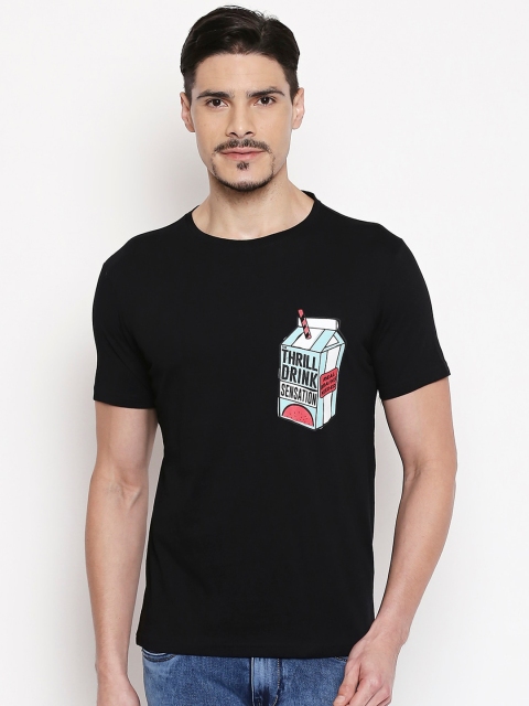 

People Men Black Printed Cotton Round Neck T-shirt