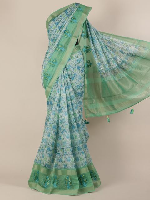 

Pothys Green & White Linen Blend Woven Design Saree