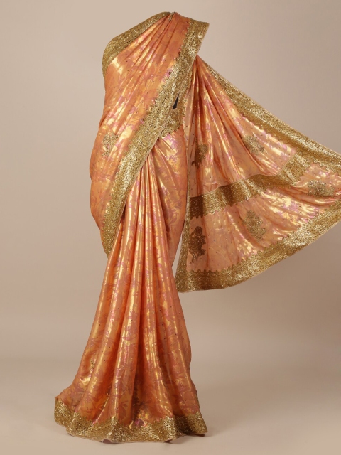 

Pothys Peach-Coloured & Gold-Toned Jute Silk Embroidered Saree