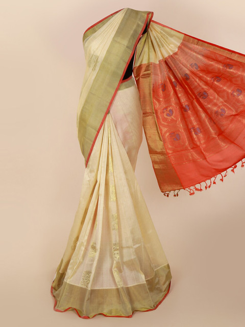 

Pothys Cream-Coloured & Red Silk Cotton Woven Design Saree
