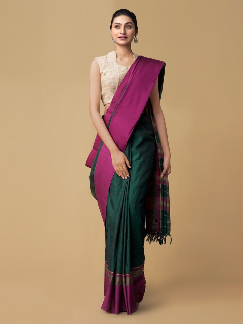 

Unnati Silks Green & Magenta Pure Cotton Solid Handloom Narayan Peth Saree