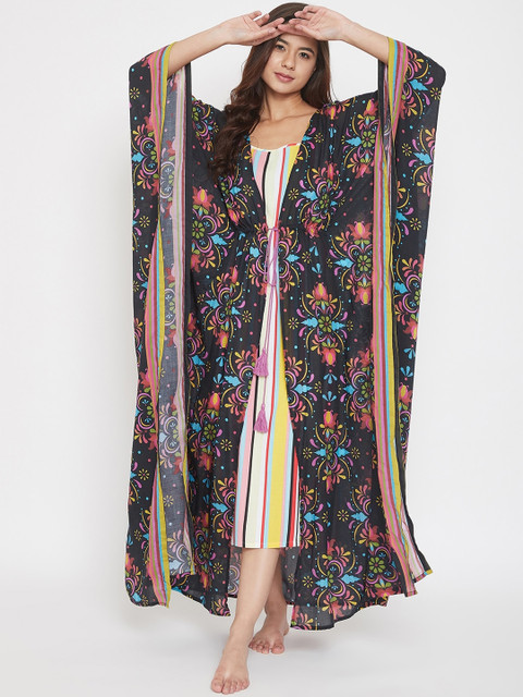 

The Kaftan Company Women Black & Pink Printed Kaftan Nightdress With Striped Slip