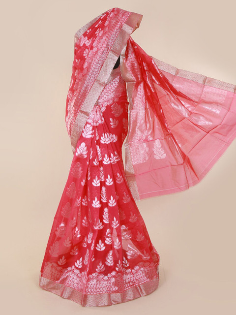 

Pothys Pink & Silver-Toned Silk Cotton Printed Saree