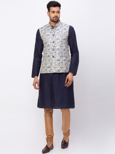 

Ethnicity Men Navy Blue & Grey Printed Nehru Jacket