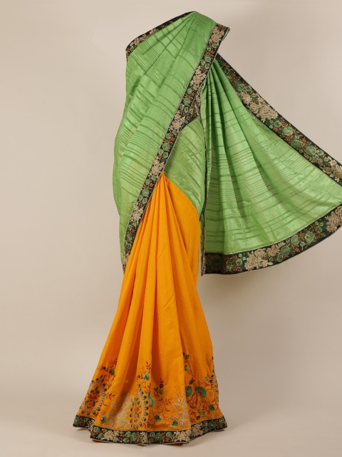

Pothys Green & Yellow Jute Silk Colourblocked Saree