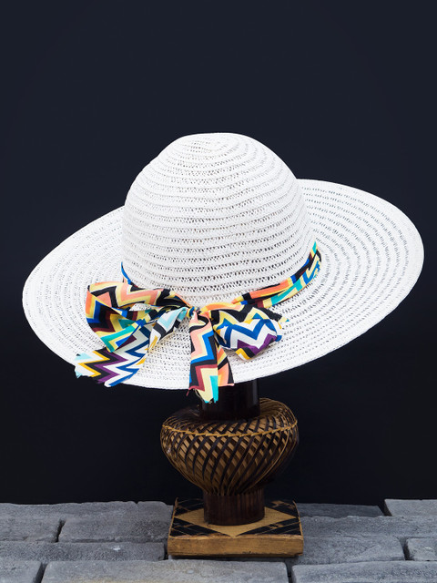 

Golden Peacock Women White & Yellow Woven-Design Straw Sun Hat