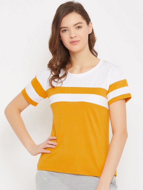 

Clovia Women Orange & White Colourblocked Round Neck Lounge T-Shirt