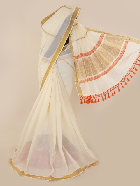 Pothys Off-White Solid Pure Cotton Saree