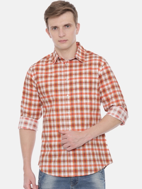 

QUANCIOUS Men Orange & White Regular Fit Checked Organic Cotton Casual Shirt