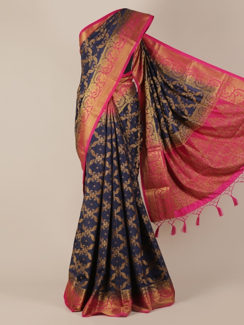

Pothys Navy Blue & Pink Jute Silk Woven Design Saree