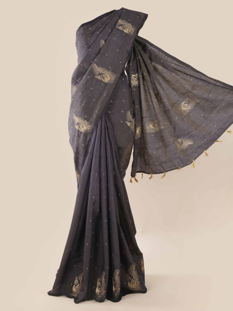 

Pothys Navy Blue Checked Jute Silk Saree