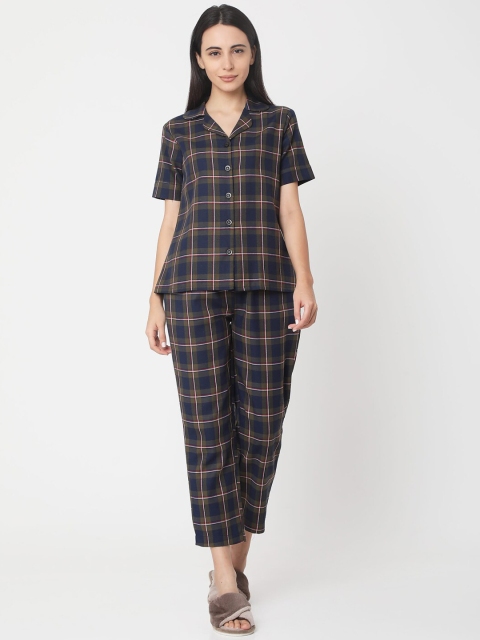 

Smarty Pants Women Olive Green & Navy Blue Checked Night Suit