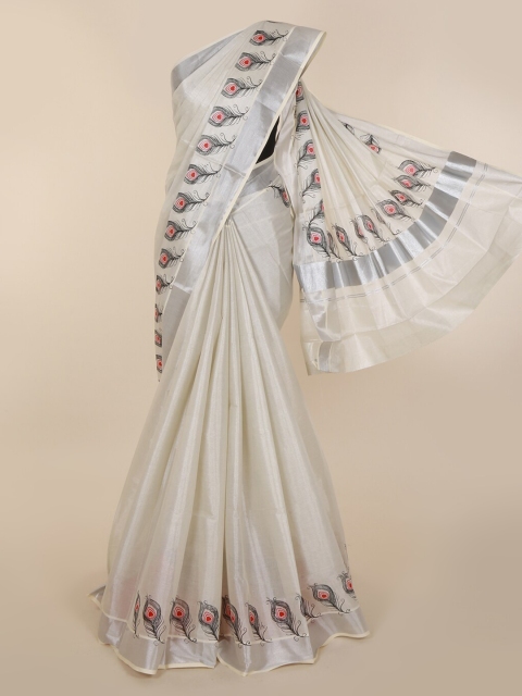 

Pothys Off-White Pure Cotton Solid Kasavu Saree