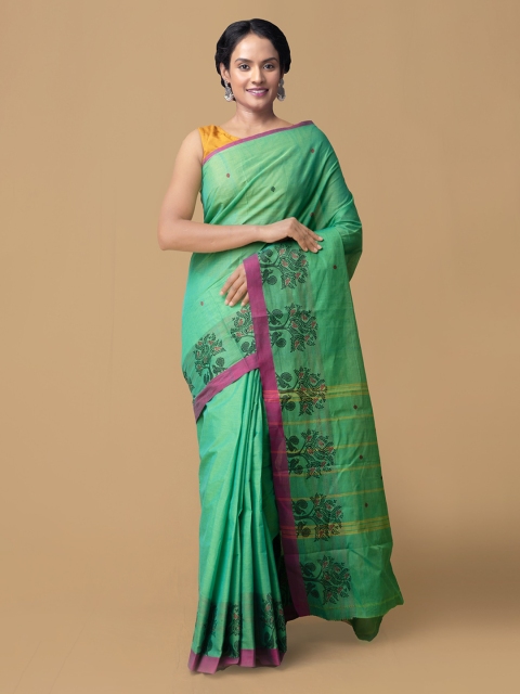 

Unnati Silks Green Pure Cotton Printed Handloom Uppada Saree