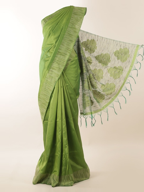 

Pothys Green Solid Jute Silk Saree with Thread Work Pallu and Joller