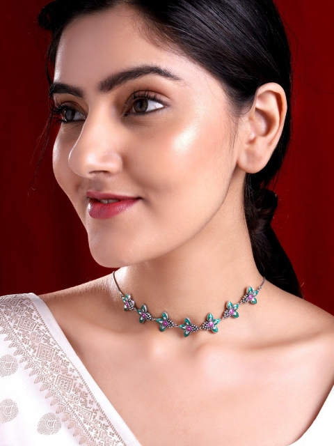 

Rubans Silver-Plated Green & Pink Enamelled Choker Necklace