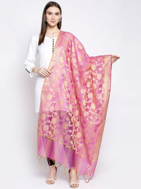 

Aujjessa Women Pink & Gold-Coloured Woven Design Banarasi Dupatta