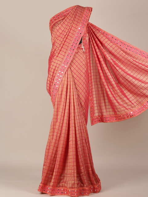 

Pothys Peach-Coloured & Pink Jute Silk Checked Saree