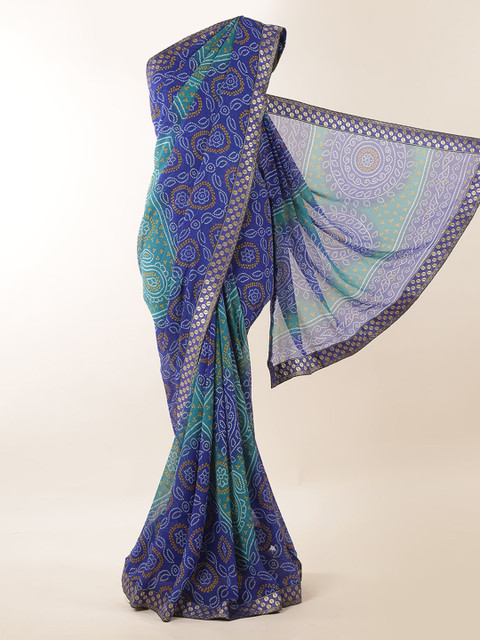 

Pothys Blue Printed Poly Georgette Saree with Zari Border