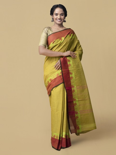 

Unnati Silks Yellow & Red Pure Cotton Solid Kanjeevaram Saree