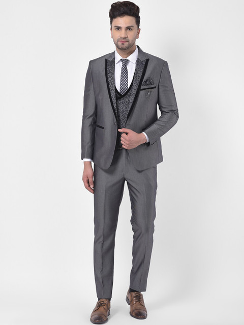 

LUXURAZI Men Grey Self-Design Tailored-Fit Single-Breasted Three-Piece Party Suit