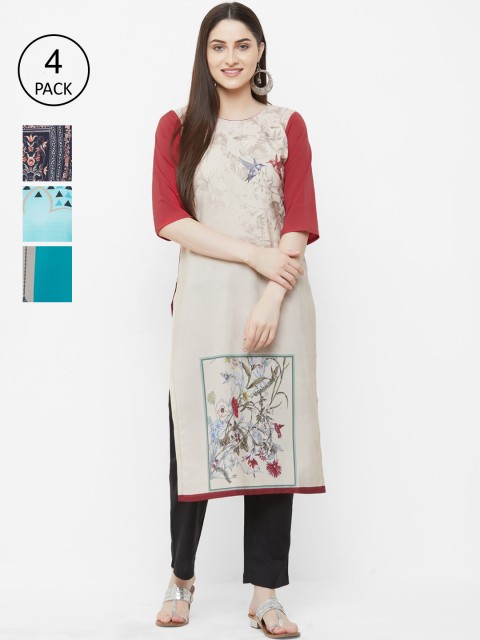 

7Threads Women Pack Of 4 Printed Straight Kurtas, Grey