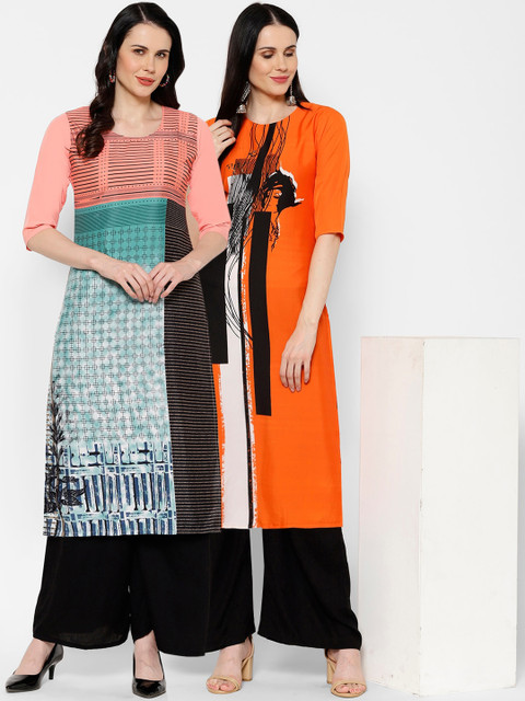 

7Threads Women Set of 2 Printed Straight Kurta, Orange