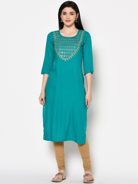 

GULMOHAR JAIPUR Women Turquoise Blue Yoke Design Straight Kurta