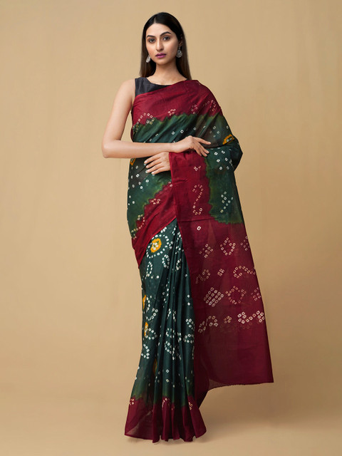 

Unnati Silks Green & Red Pure Cotton Printed Bandhani Saree