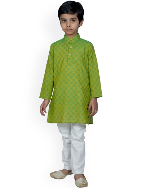 

mittenbooty Boys Green & White Woven Design Handloom Kurta with Pyjamas