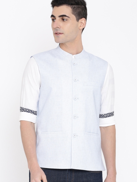 

Men Light Blue Mandarin Collar Patterned Smart Casual Bandi