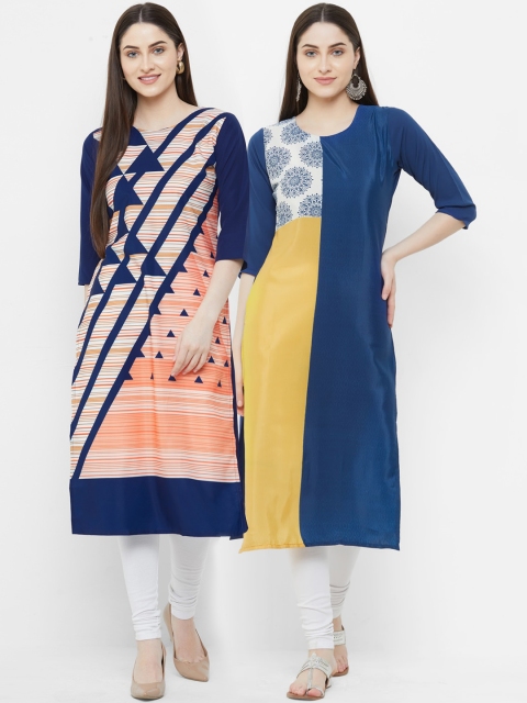 

7Threads Women Blue Geometric Printed Crepe Kurta