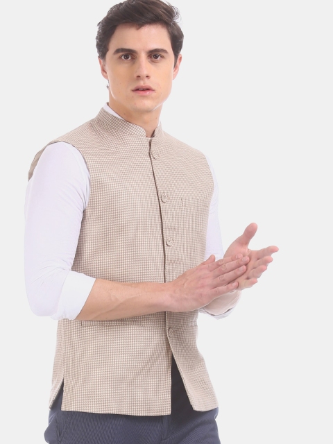 

True Blue Men Beige Patterned Waistcoat