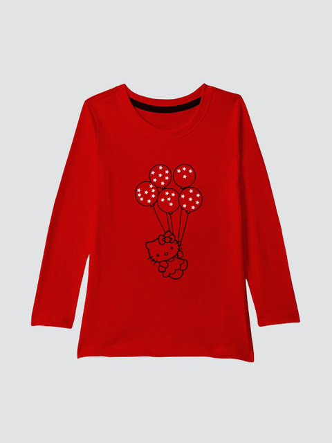 

American-Elm Girls Red Hello Kitty Printed Round Neck T-shirt
