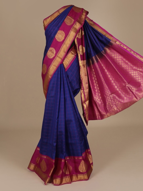 

Pothys Blue & Pink Pure Silk Checked Saree Contrast Border And Pallu