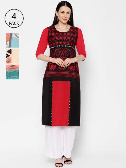 

7Threads Women Pack Of 4 Printed Straight Kurtas, Red