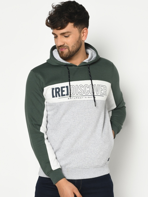 

Octave Men Grey & Green Colourblocked Hooded Sweatshirt