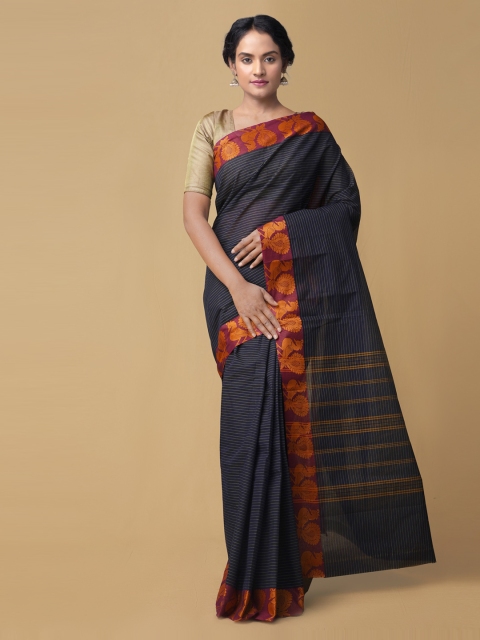 

Unnati Silks Navy Blue Pure Cotton Striped Handloom Kanjeevaram Saree