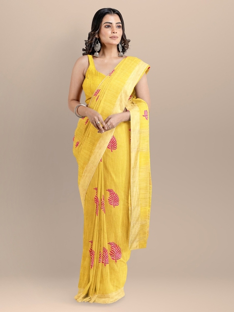 BharatSthali Yellow & Pink Silk Cotton Embroidered Maheshwari Saree