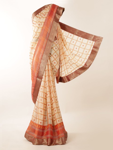 

Pothys Cream-Coloured & Red Jute Silk Checked Saree