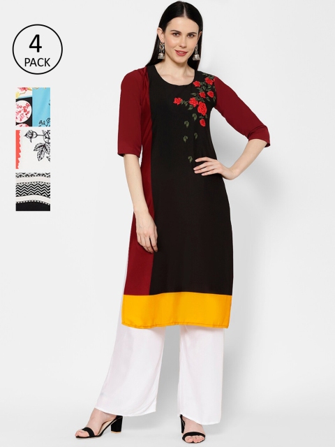 

7Threads Women Pack Of 4 Printed Straight Kurtas, Black
