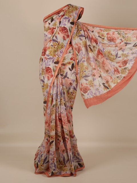 

Pothys Peach-Coloured Floral Printed Linen Blend Saree