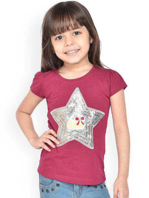 

ORANGE PUMPKKIN Girls Magenta Embellished Pure Cotton Top