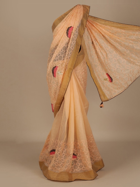 

Pothys Orange Embroidered Linen Blend Saree