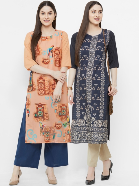 

7Threads Women Pack of 2 Multicoloured Printed Straight Kurtas, Multi