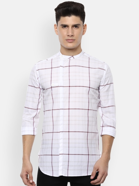 

V Dot Men White & Maroon Slim Fit Checked Plus Size Casual Shirt