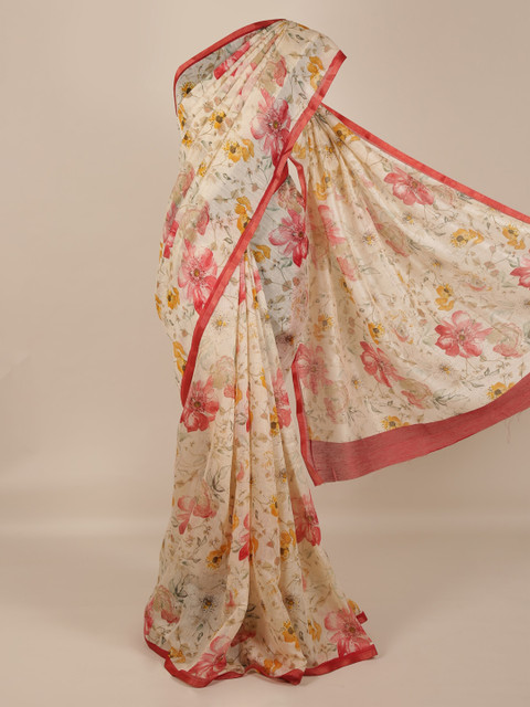 

Pothys Cream-Coloured & Pink Linen Blend Printed Saree