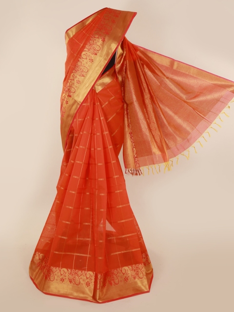 

Pothys Orange & Gold-Toned Silk Cotton Striped Saree