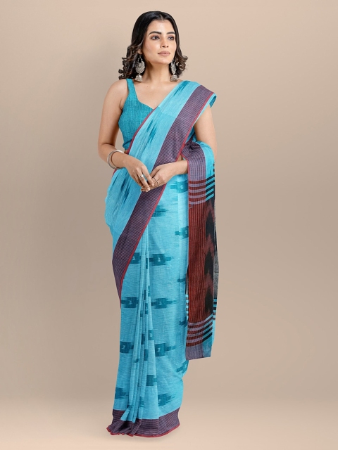 

BharatSthali Blue Color Pure Cotton Woven Design Pochampally Ikat Sustainable Saree