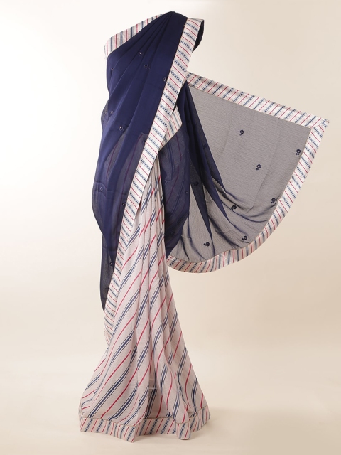 

Pothys Navy Blue & Off-White Jute Silk Colourblocked Saree